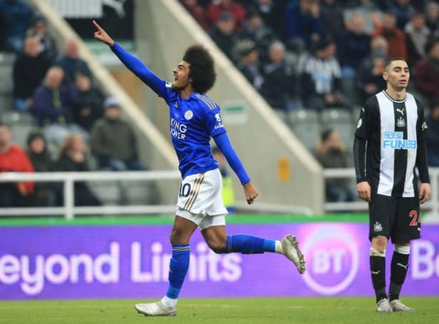 Leicester City's English midfielder Hamza Choudhury celebrates after scoring their third goal against Newcastle United on January 1, 2020.  (Photo by LINDSEY PARNABY/AFP via Getty Images)
