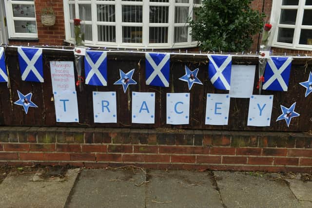Balloons, banners, and posters, thanking Tracey for her dedication to the charity, were displayed outside The Court, Inverthorne, and Moorpine residential homes.