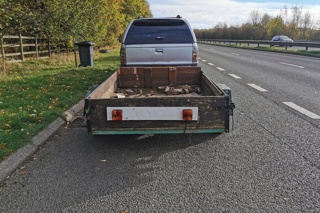 Police say this 4X4 - on the A617 Temple Normanton - "screams for a stop" with no plate on the trailer. 
They wrote: "Driver immediately admits he's only a provisional licence holder with no insurance."