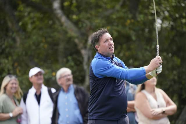FORMBY, ENGLAND - AUGUST 25: Former footballer Robbie Fowler in action during Day One of the Staysure PGA Seniors Championship 2022 at Formby Golf Club on August 25, 2022 in Formby, England. (Photo by Phil Inglis/Getty Images)