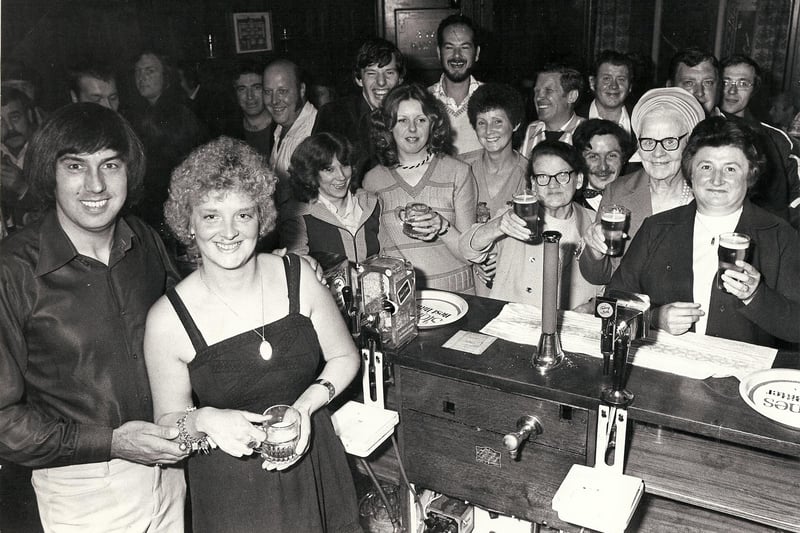 Harvey Hill (far left) at the Crown & Cushion in the late 1970s - he went on to be manager of Chesterfield's Anchor and the Ascot Hotel in the 1980s