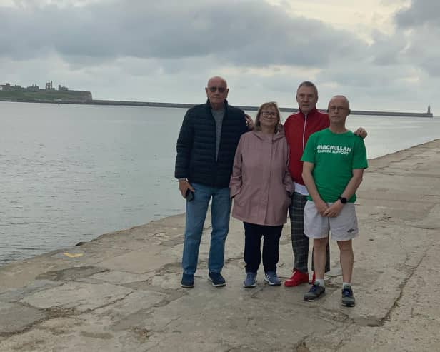 Paul Harvey, dressed in his green Macmillian fundraiser T-shirt with friend Alan Procter, and Mary Storey's children Alan and Susan Gauci as he prepared to set off from South Shields for Roker.