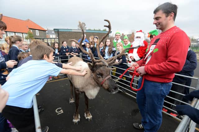 Frosty the Reindeer visiting the pupils at Lumley Junior School.