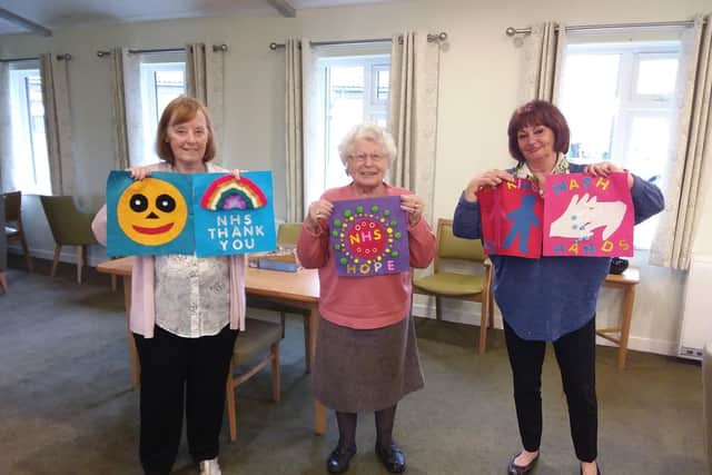 Cuthbertson Court sheltered accommodation residents (left to right) Joyce Evans, Margaret Clarkson and Andrea Foster with their quilt patch designs.