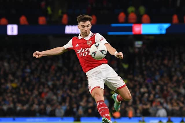 MANCHESTER, ENGLAND - JANUARY 27: Kieran Tierney of Arsenal during the FA Cup 4th round match between Manchester City and Arsenal at Etihad Stadium on January 27, 2023 in Manchester, England. (Photo by David Price/Arsenal FC via Getty Images)