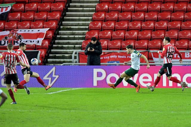 Joe Edwards scores Plymouth's second goal at the Stadium of Light