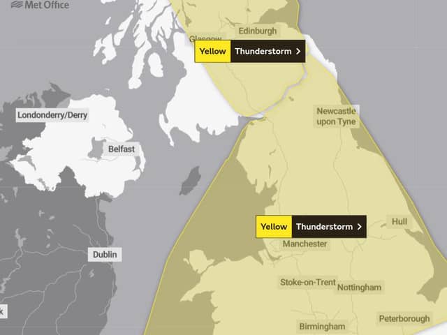 A graphic shared by the Met Office as it issued a thunderstorm and heavy rain alert.