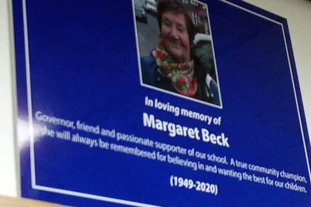 The memorial plaque at Seaburn Dene Primary School's library in honour of former governor Margaret Beck.