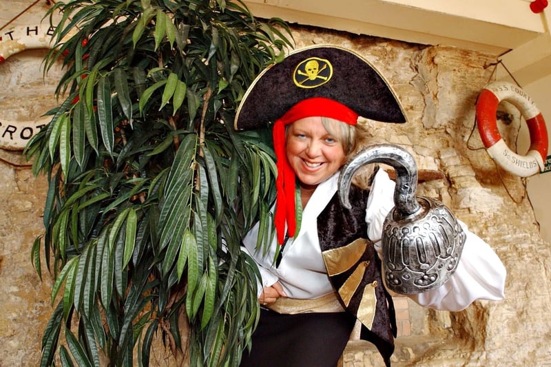 Shiver me timbers! Linda McDonough, fundraising manager of Marie Curie Cancer Care, dressed as a pirate to launch their fund raising day on International Talk Like A Pirate Day in 2005.