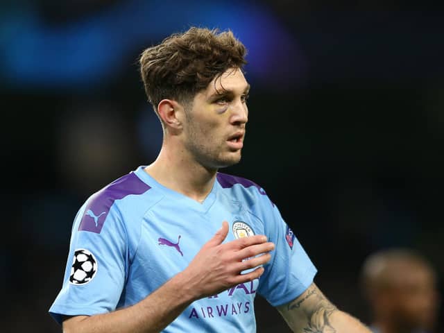 ohn Stones of Manchester City is seen to have a black eye as he looks on during the UEFA Champions League group C match between Manchester City and Atalanta at Etihad Stadium on October 22, 2019.