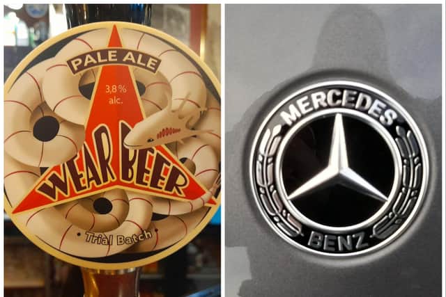 The logos of Wear Beer, left (that's left) and Mercedes.