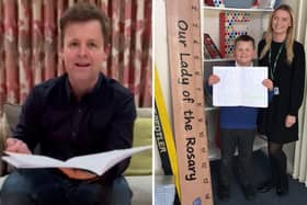William with his teacher Sarah Howells alongside TV star Declan Donnelly who is reading his story.