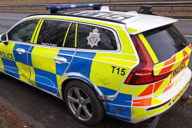 The police car was damaged in the February incident, but things could have been much worse.