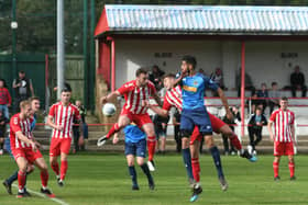 Seaham Red Star (red/white) v Hebburn Town  (blue) at Seaham Town Park, on Saturday.