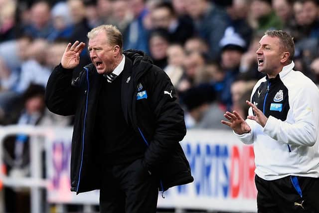 NEWCASTLE UPON TYNE, ENGLAND - MARCH 05:  Newcastle manager Steve McClaren (l) and coach Paul Simpson react during the Barclays Premier League match between Newcastle United at A.F.C. Bournemouth at St James' Park on March 5 in Newcastle upon Tyne, England.  (Photo by Stu Forster/Getty Images)