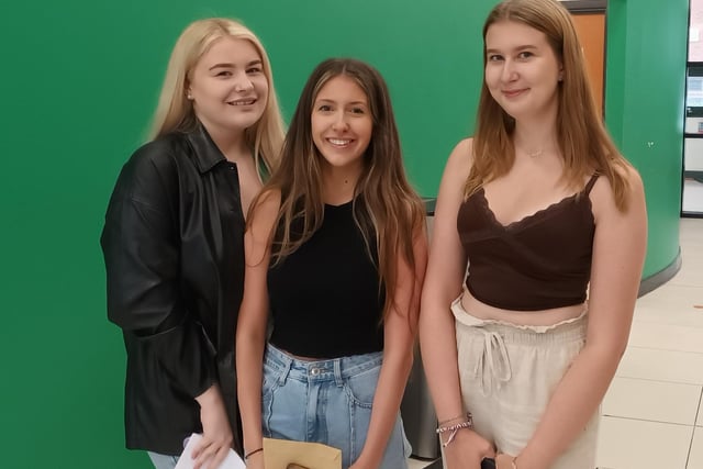 St Robert of Newminster Catholic School and Sixth Form College students Lily Leonard, Maddy Barrow and Megan Lear are all smiles after receiving their A-Level results.