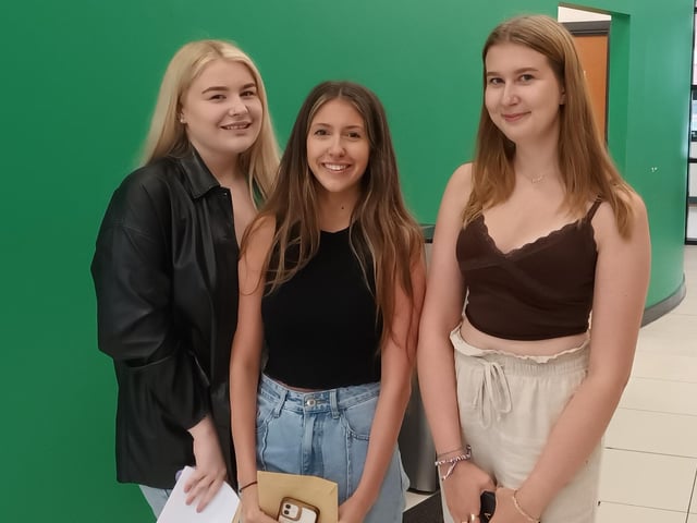 St Robert of Newminster Catholic School and Sixth Form College students Lily Leonard, Maddy Barrow and Megan Lear are all smiles after receiving their A-Level results.