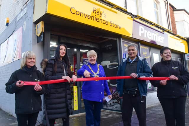 The Mayor of Sunderland, Councillor Alison Smith, officially opens Ray's Convenience Store on Villette Road. (Left to right) Sales assistant Jeanette Young, co-owner Emma Frain, co-owner Ray Ali, and sales assistant Josie Taggart.