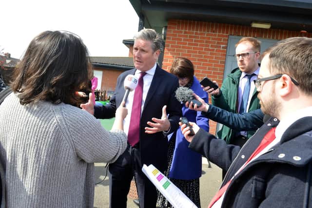 Sir Keir Starmer talking to the press ahead of the upcoming local elections in Sunderland.