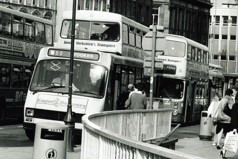An 'Eager Beaver' bus on High Street, Sheffield in 1993