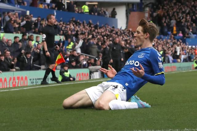 Anthony Gordon of Everton celebrates scoring their first goal during the Premier League match between Everton and Manchester United at Goodison Park on April 09, 2022 in Liverpool, England. (Photo by Tom Purslow/Manchester United via Getty Images)