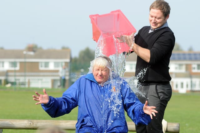 Fellgate Primary School headteacher Carol Wilson doing the ice bucket challenge for the ALS charity seven years ago. Were you there?