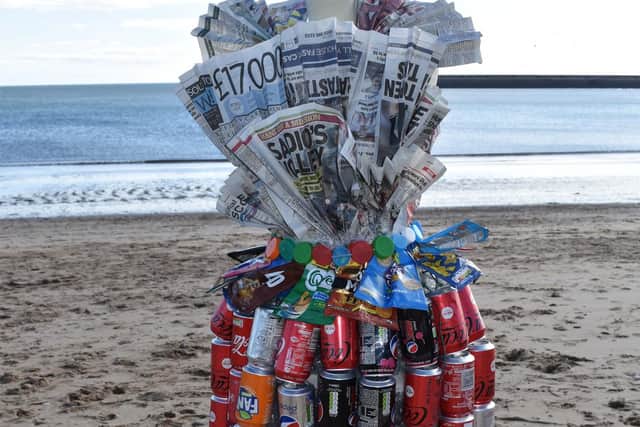One of the art sculptures created on Roker Beach from discarded waste items.