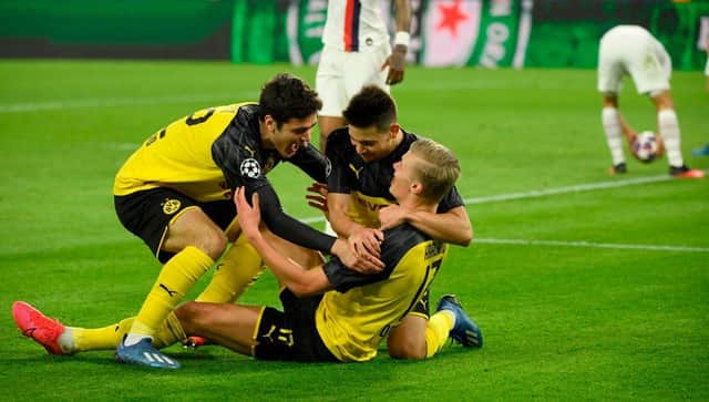 Sunderland-born Gio Reyna celebrates with his Dortmund teammates