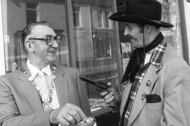 Deputy Mayor of Sunderland Coun Tom Scott was held up outside Sunderland Disablement Centre in Southwick Road, by "Shane" the Town End Farm cowboy during the centre's flag week in 1986.