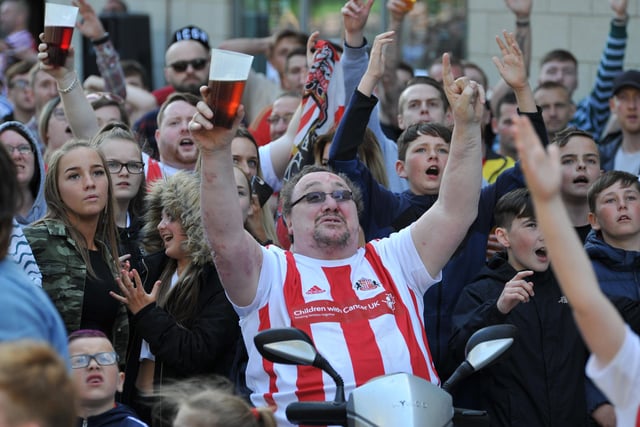 Sunderland fans in Low Row, watching the team in the 2019 play off final.