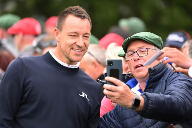 LIMERICK, IRELAND - JULY 05: Former Footballer John Terry poses with a fan at the 1st hole during Day Two of the JP McManus Pro-Am at Adare Manor on July 05, 2022 in Limerick, Ireland. (Photo by Ross Kinnaird/Getty Images)