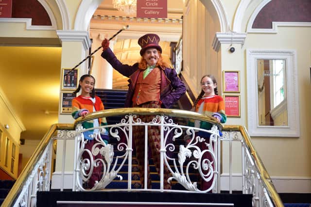 Charlie and the Chocolate Factory tour visits Sunderland Empire. Gareth Snook as Willy Wonka and Charlies from left Harmony Raine Riley, 11 and Jesse Lou Harvie, 12. 