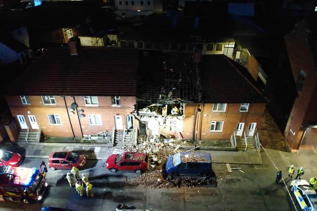 Drone footage released by TWFRS shows the extent of the damage caused by the suspected gas blast.