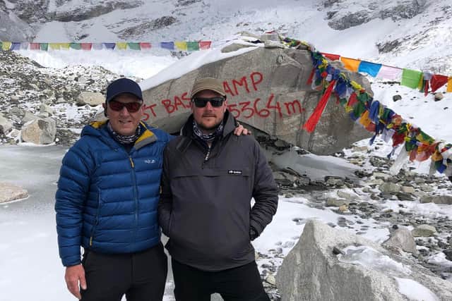 David Armour, left and his friend Jack Foggin have achieved their ambition of reaching Everest's base camp, but are now stranded in Nepal.