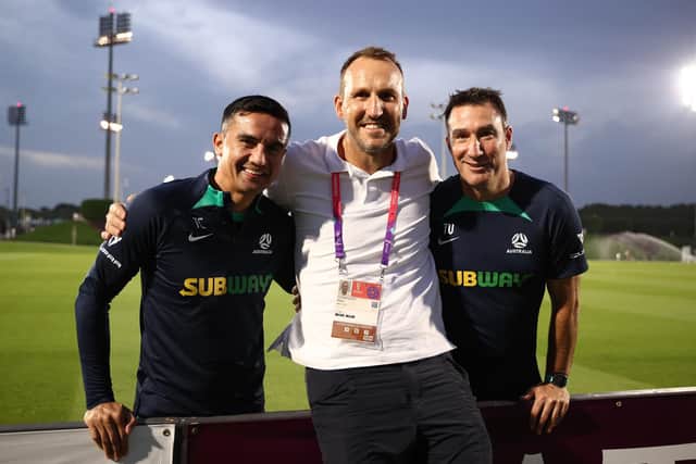 DOHA, QATAR - NOVEMBER 17: Former Socceroos Tim Cahill and Tony Vidmar pose with former team mate Mark Schwarzer during the Australia training session at the Aspire Training Ground on November 17, 2022 in Doha, Qatar. (Photo by Robert Cianflone/Getty Images)
