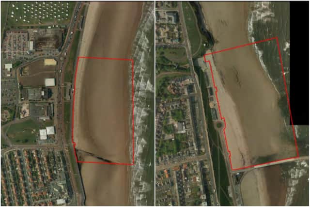 Aerial shots showing the boundaries of the dog control zones in Seaburn (left) and Roker