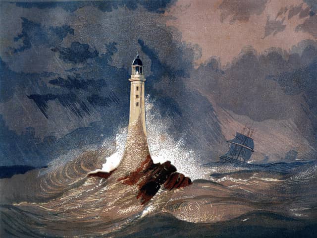 An engraved vintage colour illustration of  Eddystone Lighthouse (Smeaton's Tower), from a Victorian book dated 1847 that is no longer in copyright from the PlaceFirst archives