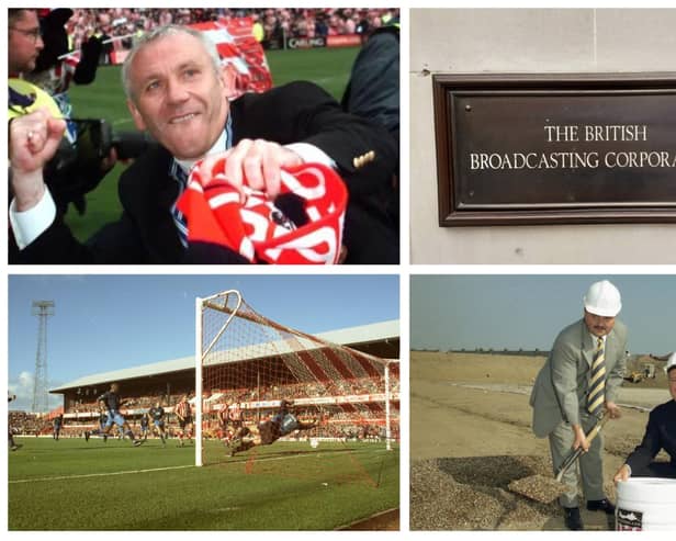 Clockwise from top left: Peter Reid, the BBC who made the documentary, chairman Bob Murray burying a time capsule with deputy chairman John Fickling at the Stadium of Light and Paul Stewart scoring at Roker Park in 1996 against Aston Villa.