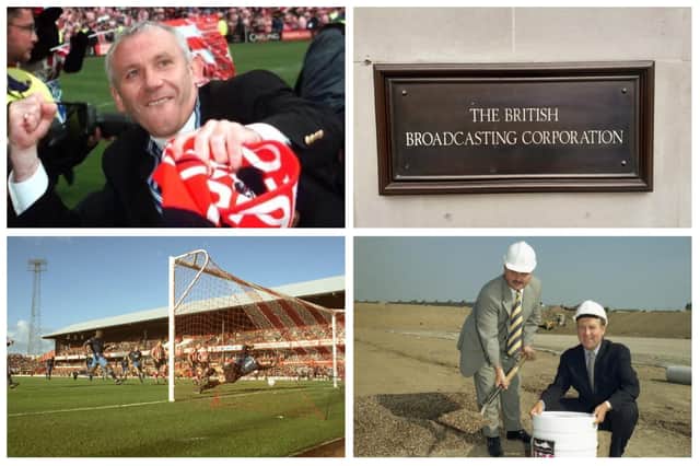 Clockwise from top left: Peter Reid, the BBC who made the documentary, chairman Bob Murray burying a time capsule with deputy chairman John Fickling at the Stadium of Light and Paul Stewart scoring at Roker Park in 1996 against Aston Villa.