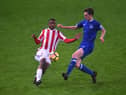 STOKE ON TRENT, ENGLAND - JANUARY 10: Joe Anderson of Everton tackles Soiyir Sanali of Stoke during the FA Youth Cup Fourth Round match between Stoke City and Everton at Britannia Stadium on January 10, 2019 in Stoke on Trent, England. (Photo by Nathan Stirk/Getty Images)