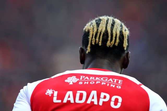 ROTHERHAM, ENGLAND - JANUARY 01: A detailed view of the hair of Freddie Ladapo of Rotherham United during the Sky Bet League One match between Rotherham United and Bolton Wanderers at AESSEAL New York Stadium on January 01, 2022 in Rotherham, England. (Photo by George Wood/Getty Images)