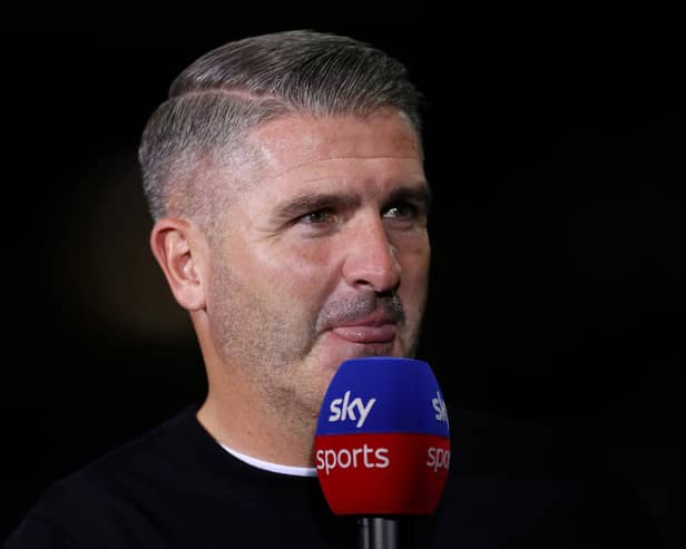 PRESTON, ENGLAND - SEPTEMBER 13: Ryan Lowe, Manager of Preston North End speaks during a Sky Sports TV interview after the Sky Bet Championship between Preston North End and Burnley at Deepdale on September 13, 2022 in Preston, England. (Photo by Lewis Storey/Getty Images)