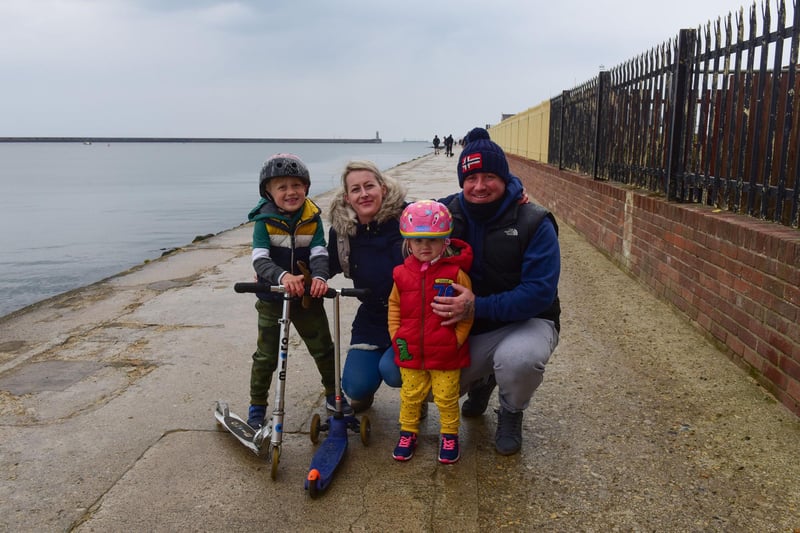 David and Jennifer Flood, with James (6) and Charlotte (3) at South Shields on Monday.