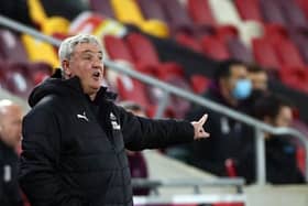 Newcastle United's English head coach Steve Bruce gestures during the English League Cup quarter final football match between Brentford and Newcastle United at the Brentford Community Stadium in Brentford, England, on December 22, 2020.