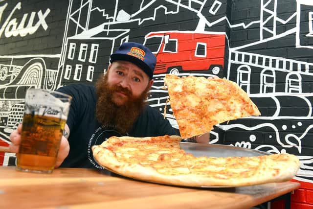 Slice 24 inch pizza competition at Vaux. Head brewer Les Stoker.