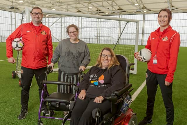Tara Johnson from Tailored Leisure Co with her client Jane Bray (grey jumper) join Get Out, Get Active (GOGA) Programme Coordinator, Dominic Oliver and his colleague Jade Gilbertson at the Beacon of Light in Sunderland Picture: DAVID WOOD