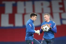 England goalkeepers Nick Pope and Jordan Pickford at Wembley in 2020.