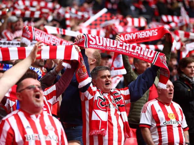 Sunderland fans show their support ahead of the Checkatrade Trophy final between Portsmouth and Sunderland at Wembley Stadium on March 31, 2019.