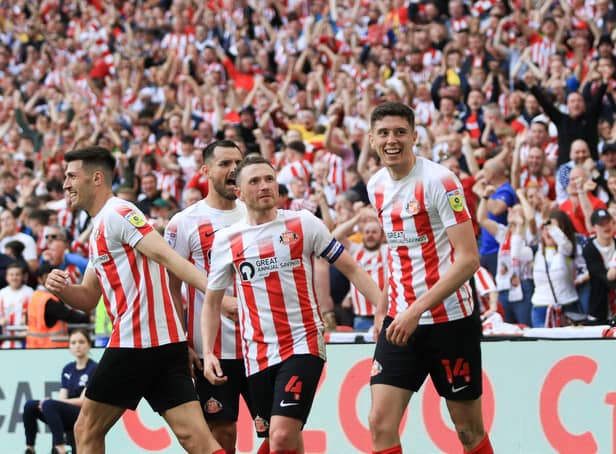 Sunderland players celebrate their League One play-off final win over Wycombe Wanderers. Picture by Martin Swinney.