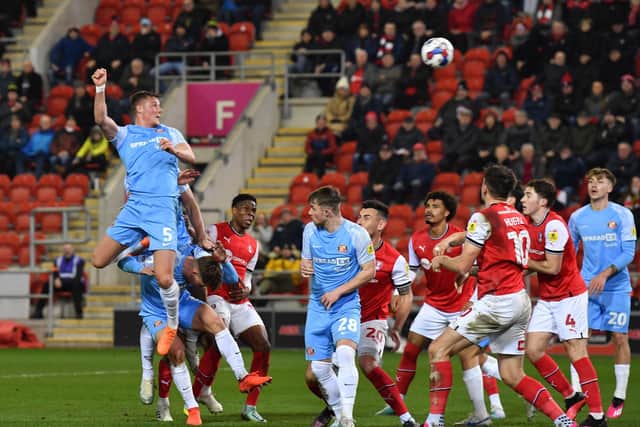 Daniel Ballard heads the ball towards goal against Rotherham. Picture by FRANK REID